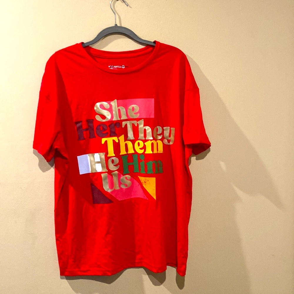 Unisex Target #TakePride red short sleeve crew neck pronoun shirt L LGBTQIA+